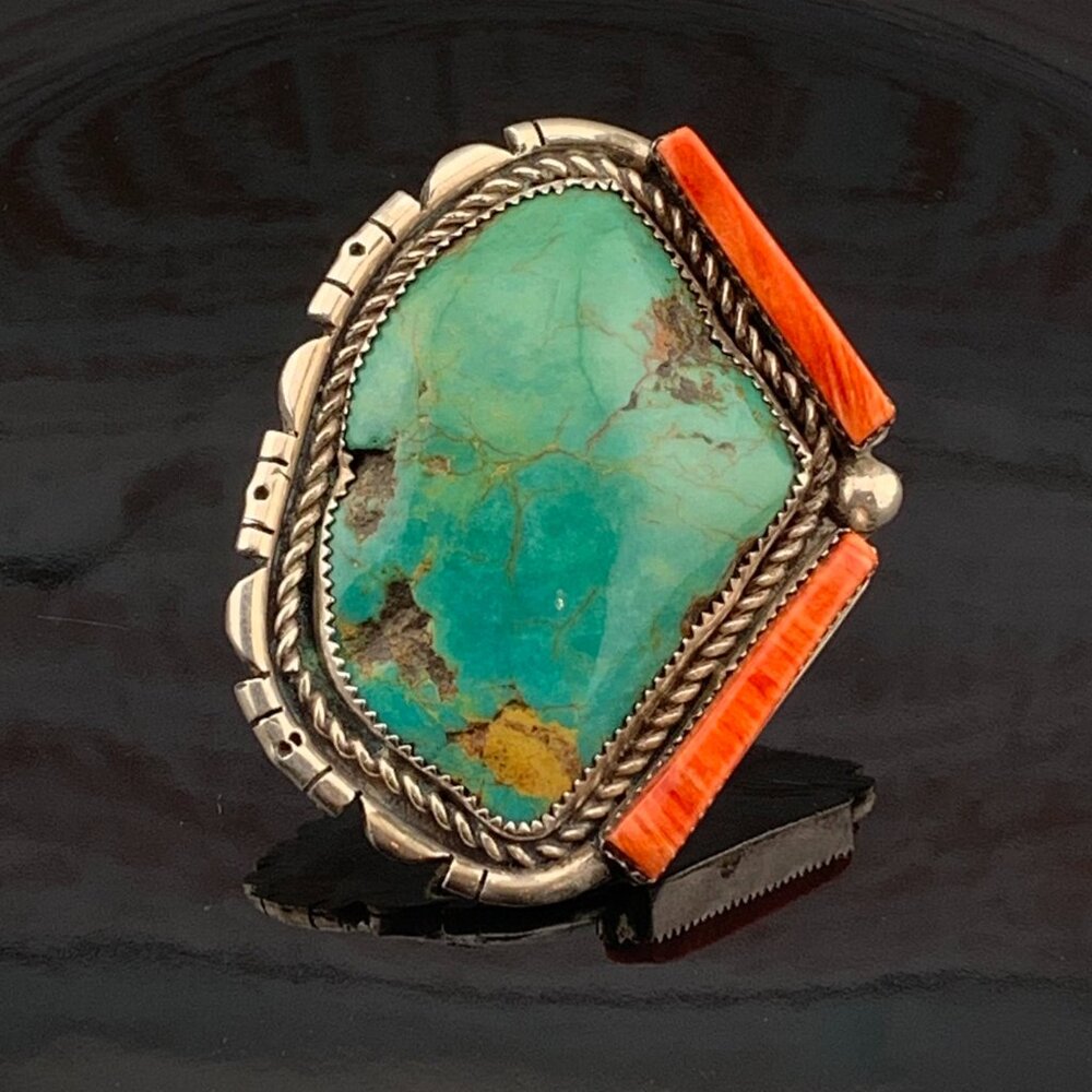 Huge Turquoise & Spiny Oyster Sterling Silver Navajo Native American Vtg Ring - Picture 5 of 11